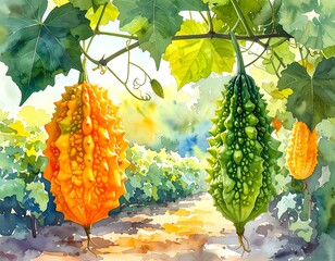 Watercolored gourds hang amidst green vines and leaves, bathed in sunlight, in a tranquil, painterly depiction of nature