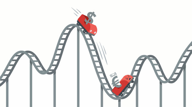 Currency symbols on rollercoaster depicting financial volatility vector illustration