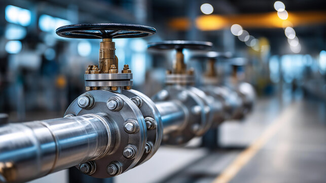 Metallic pipelines releasing controlled steam, factory equipment and valves in sharp focus, industrial precision and energy management highlighted, infrastructure detail,