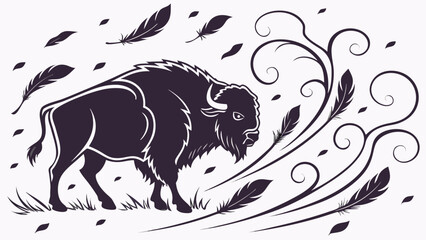Majestic bison standing amidst a storm of falling feathers dramatic wildlife scene with swirling feathers and grass