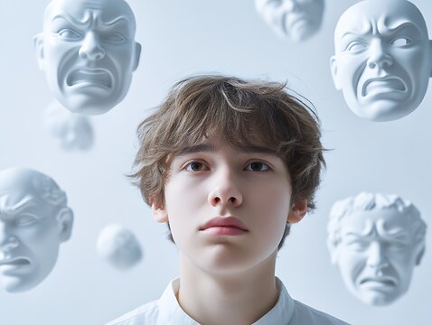 Portrait of a teenager surrounded by floating aggressive masks, symbolizing social anxiety, judgmental perceptions, and the internal pressure of adolescence.