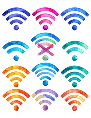 Watercolor style arrangement of WiFi signal icons in diverse vibrant colors, including one icon with a muted cross symbol