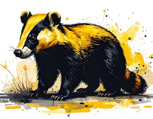 Watercolor-style badger with black and yellow fur in a splatter-filled, abstract environment against white backdrop