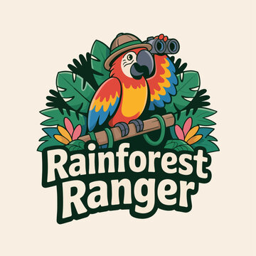 Rainforest Ranger mascot with colorful macaw wearing ranger hat and binoculars among tropical leaves, eco explorer logo illustration for conservation adventures