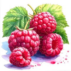 Watercolor style bunch of plump raspberries with leaves, brightly colored against a white background and soft watercolor washes
