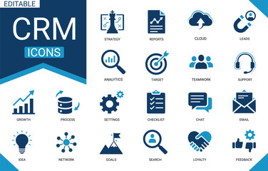 Obraz premium CRM icon set. Customer relationship management Leads, Strategy, Target, Team, Analysis, Reports, Growth, Solid vector icons collection