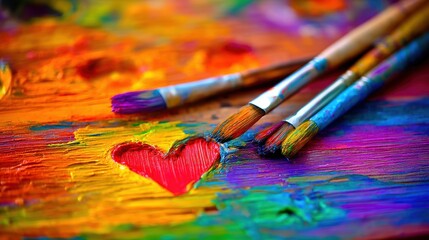 Obraz premium Small red heart painted into vivid rainbow brushstrokes, energetic creative texture, editable background ideal for banners, covers, social media, or design projects.