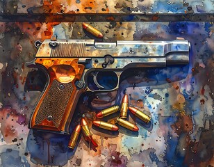 Watercolor-style depiction of a pistol with scattered bullets on a mottled, colorful surface with splattered paint
