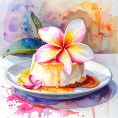 Watercolor style dessert Panna cotta with caramel sauce and a frangipani flower sits on a white plate