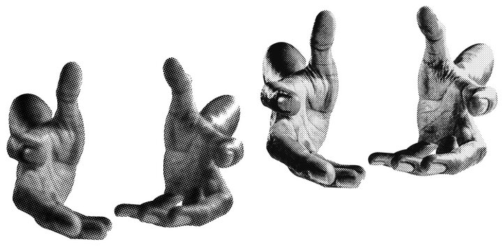2 style Halftone hands collection. Halftone hands show grabbing gesture . Stylish halftone collage design elements. Hand gestures in pop art style. Transparent background