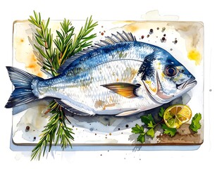 Watercolor-style fish art, presented on a serving board with rosemary, lemon, and parsley garnish