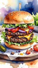 Watercolor style double cheeseburger art. Vegetables and sauce decorate it