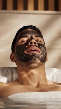 Man enjoying relaxing spa facial treatment with mud mask