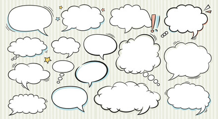 Collection of hand drawn speech and thought bubbles in various shapes and sizes on a subtle pinstripe background for dialogue.