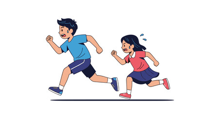 Fototapeta premium Energetic young boy and girl running together with determined and sweaty expressions against a clean and plain white background.