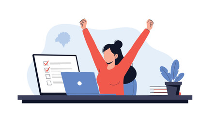 Successful woman raising her arms in joy while working at her desk with a laptop and a completed checklist on the wall.