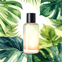 Watercolor style illustration of bottle nestled among lush, green tropical foliage against white background