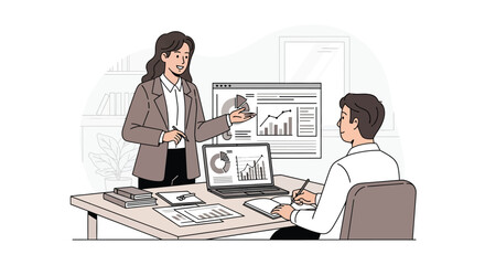 Businesswoman presenting data to colleague in office setting