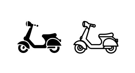Retro scooter icons, side view, solid black and outline, for vintage transport themes