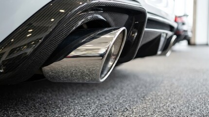Fototapeta premium Close-up of chrome exhaust tip and carbon fiber diffuser