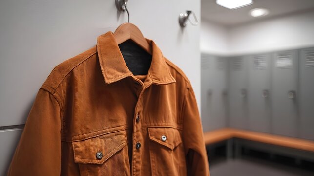 A protective orange jacket hangs on a hook in a locker room