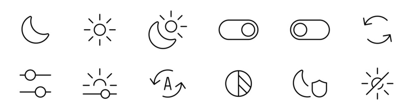 Minimal dark mode and display settings line icons set with sun, moon, toggle switches, brightness, refresh, sliders and protection mode. editable stroke line icon