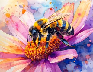 Watercolor style image of a bee resting on a pink and orange flower against a colorful, abstract background
