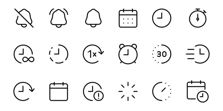 Time and clock icon set. calendar, timer line icons with clocks, alarms, calendars, reminders, mute alerts and duration symbols. vector time passage and stopwatch, notification bell, stroke line icon