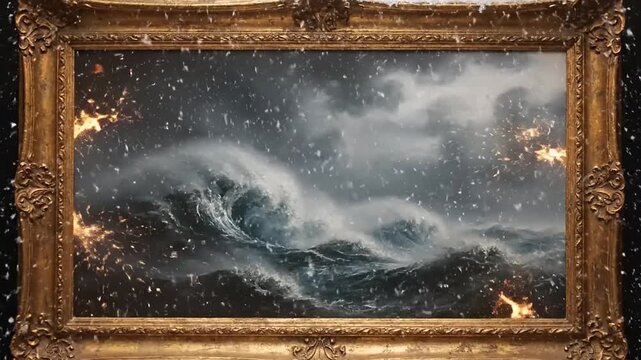 Burning Painting of Stormy Sea in Ornate Frame.
