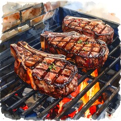 Watercolor-style image of three sizzling steaks on a grill with flames