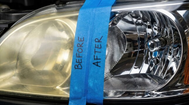 Car headlight restoration showing before and after clear lens