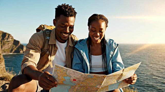 happy african american couple exploring coastal cliffs with paper map. summer vacation and adventure. outdoor navigation and togetherness. travel concept