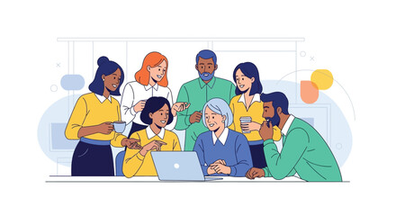 Diverse group of people gathered around a laptop