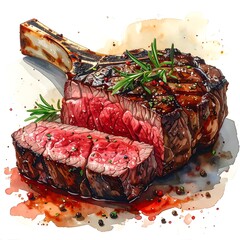 Watercolor style image of a juicy grilled steak on a white surface, with rosemary and pepper sprinkled on top