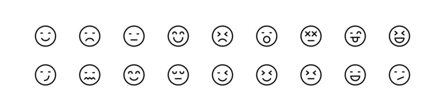 Emoji face line icon set showing various emotions and expressions, perfect for chat apps, digital communication, rating emoticons, feedback systems and UI design. stroke line icon set. collection