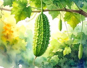 Watercolor style image of bitter melons hanging from a branch, with dappled sunlight filtering through the foliage
