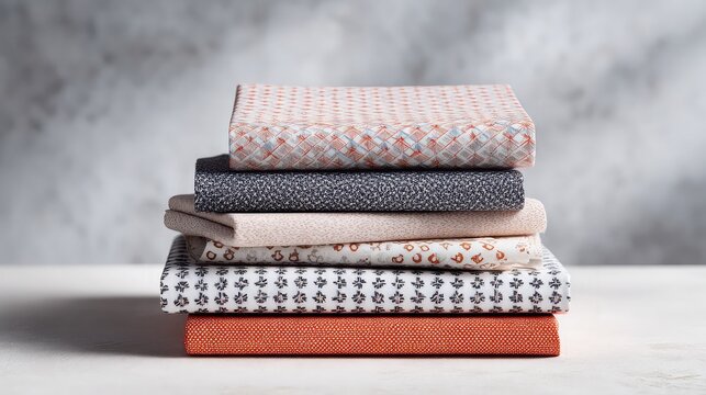 Stack of six fabric fat quarters with various charming patterns and textures, from floral to geometric, on a textured background.