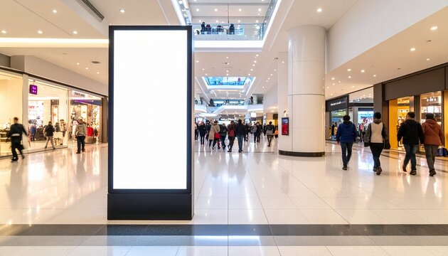 Vibrant shopping mall interior with a large blank digital billboard for advertisements