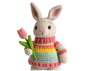 Obraz premium Close-Up of Handmade Toy Rabbit with Daisy, Whimsical Spring Atmosphere, Isolated on Transparent Background
