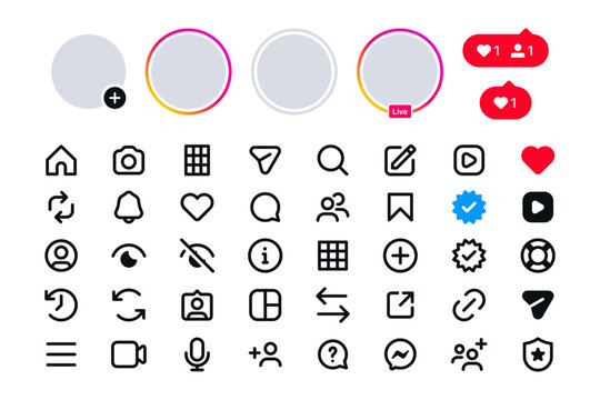 Instagram icons set include home, search, reel, story, avatar, live streaming -  Social media interaction, notification icons include like, comment, repost, share and save icon symbol. Red like bubble