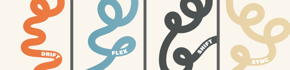 Naklejka premium Vibrant abstract poster with flowing shapes - fluid wavy loopy lines with the words Drift, Flex, Shift, and Sync for a dynamic, modern feel, motivational design typography for creative wall art