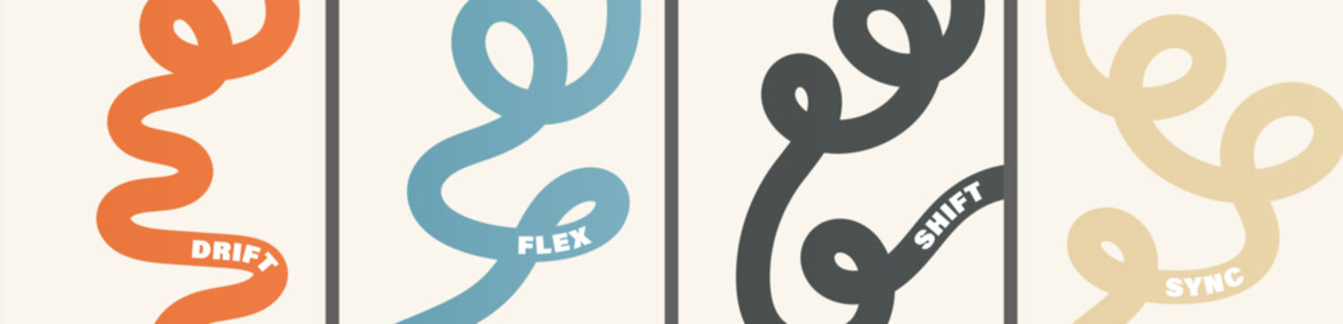 Vibrant abstract poster with flowing shapes - fluid wavy loopy lines with the words Drift, Flex, Shift, and Sync for a dynamic, modern feel, motivational design typography for creative wall art