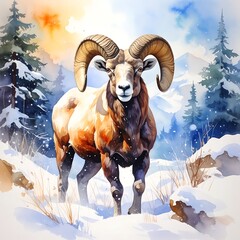 Watercolor-style painting of a ram in a snowy mountain landscape