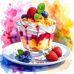 Watercolor-style parfait on a plate, layered with fruit, cream, and sauce against a colorful splattered backdrop