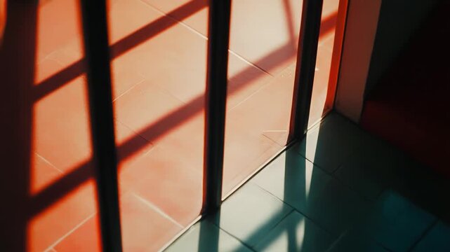 Sunlight creates a stark contrast between bright terracotta and deep green tiles, with intersecting shadows forming a captivating abstract pattern on the floor