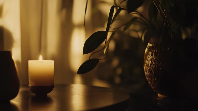 Candle burning brightly on a wooden table, illuminating the room with a warm glow and casting soft shadows from a nearby potted plant for a cozy, tranquil setting