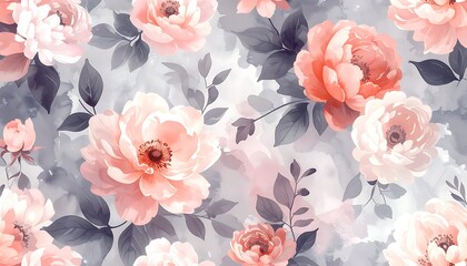 Watercolor-style pattern of light pink flowers with dark leaves against a textured grey and white background