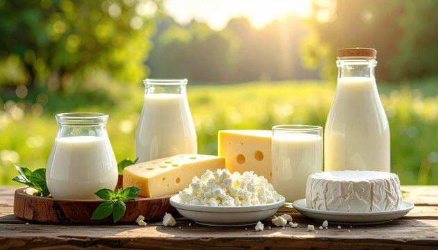 Assorted dairy products including cheese, milk, and yogurt on a wooden table in a sunlit outdoor setting.