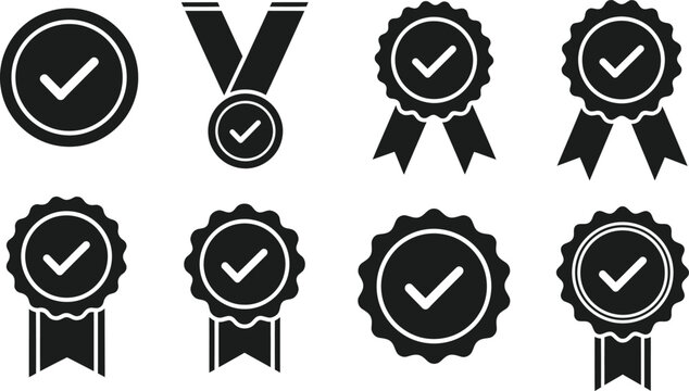 Black and white silhouette icons of checkmark ribbons and medals