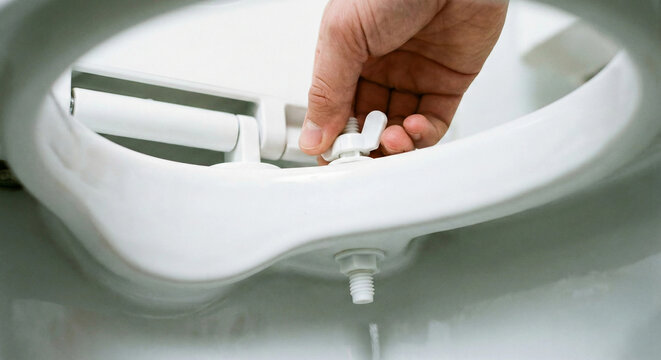Hand tightening plastic wing nut on toilet seat hinge during repair